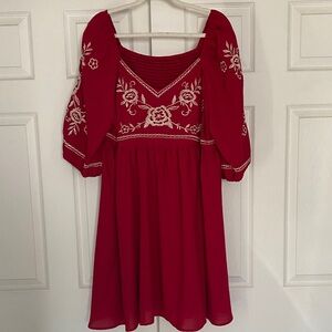 SHEIN Red Embroidered Sleeve Dress
